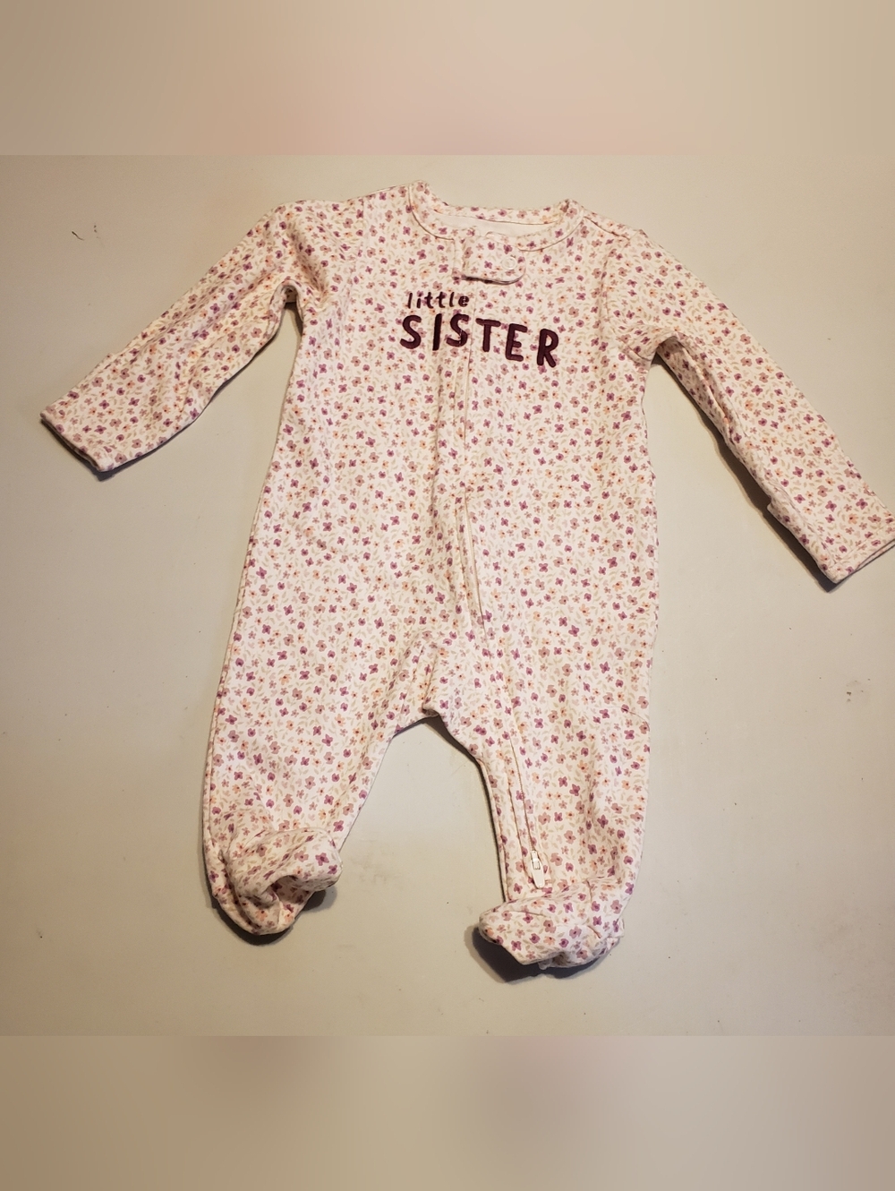 Carter's Pink & Purple Floral "Little Sister" Footed One-Piece